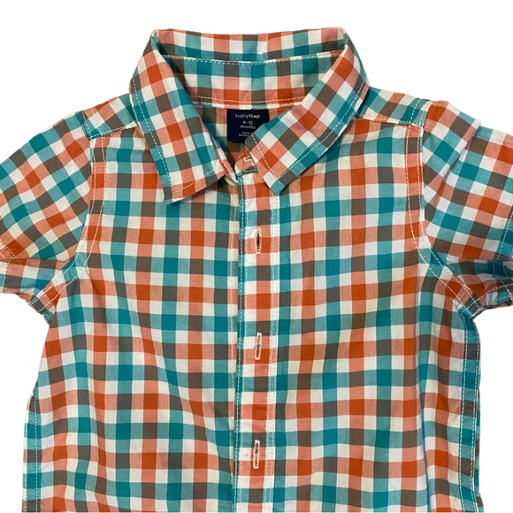 infant boys orange teal collared ss checkered print one piece - Picture 5 of 5